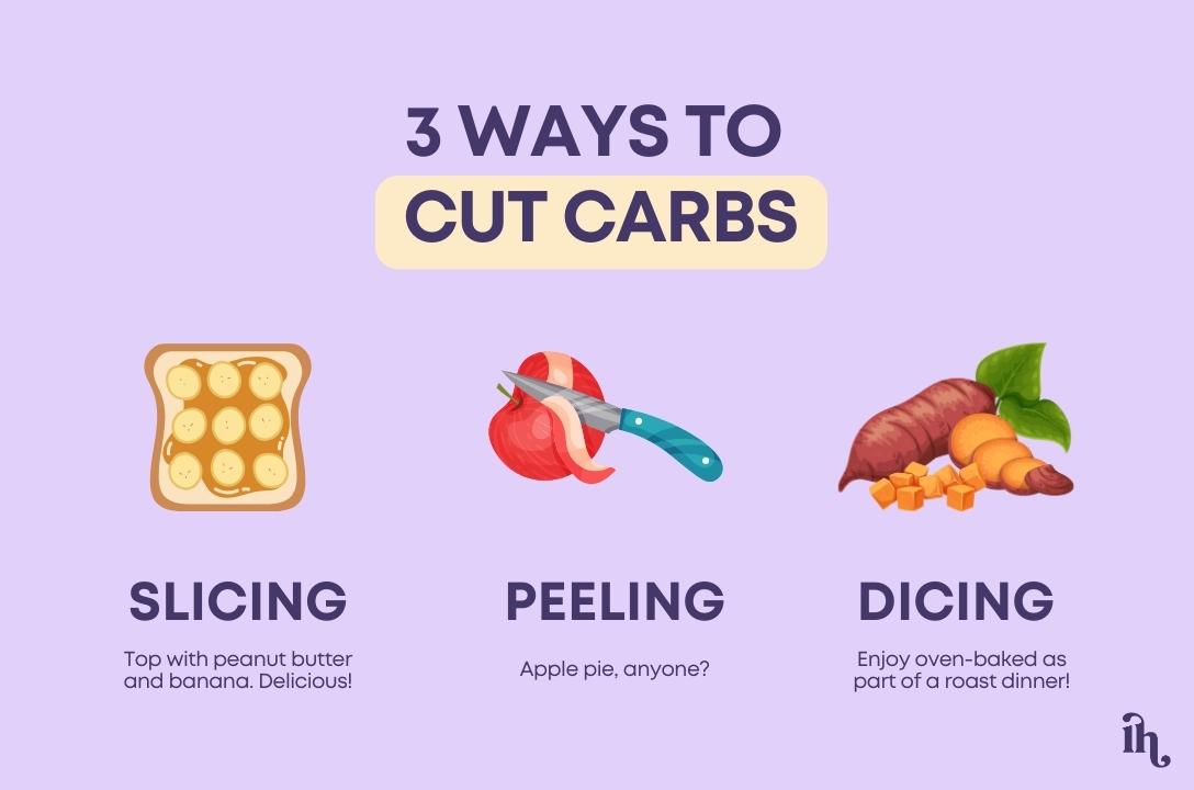 3 ways that you can cut carbs include slicing, peeling and dicing